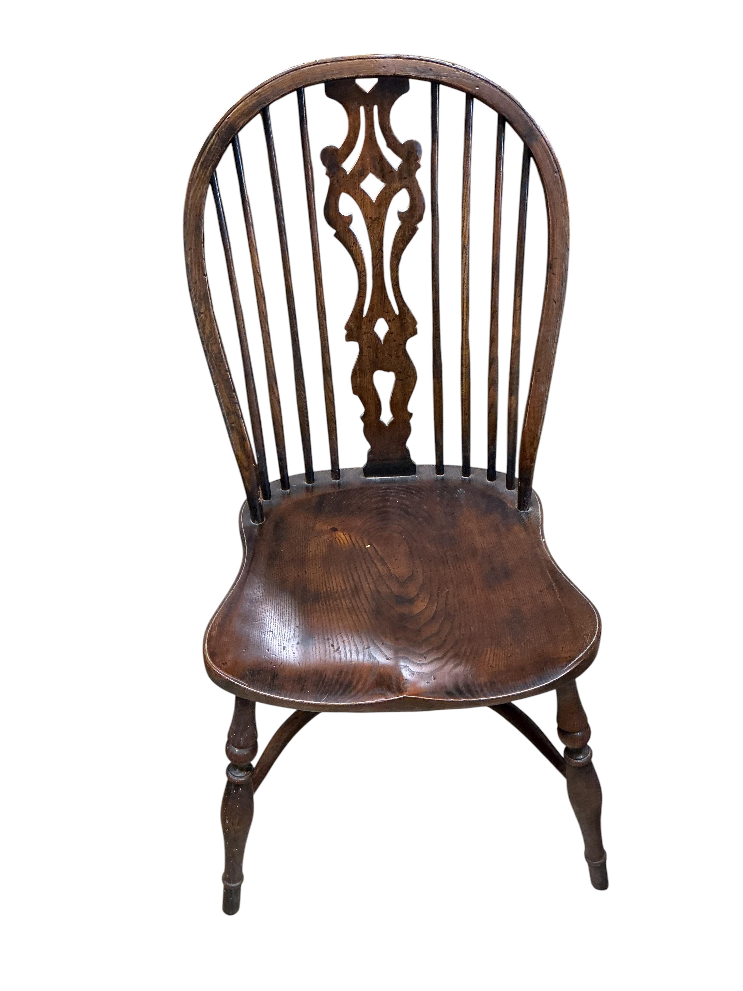 A set of six reproduction ash and elm Windsor dining chairs with crinoline stretchers, width 48cm, depth 46cm, height 99cm